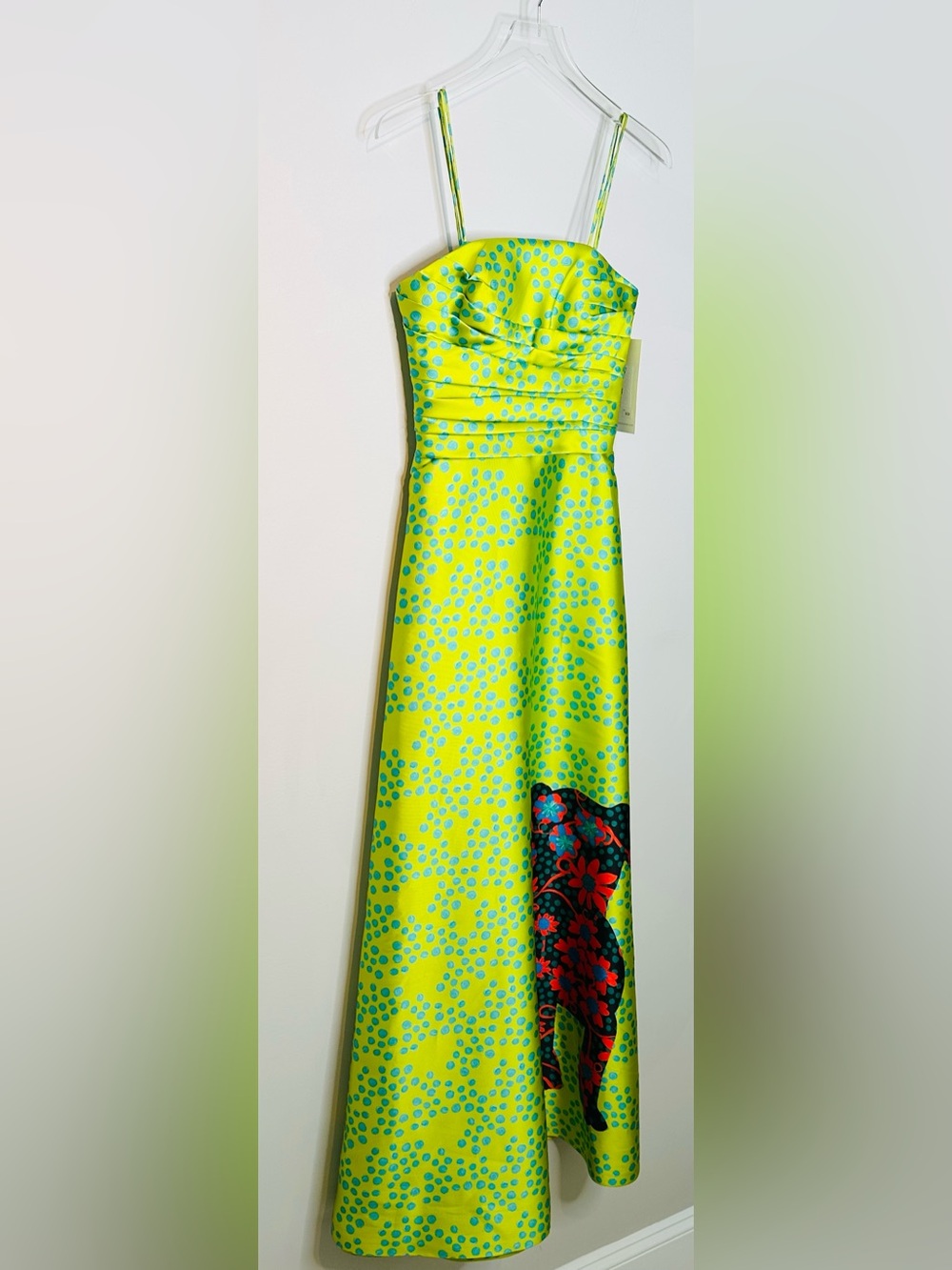 Theia Lime Green Spotted Puppy Dog Satin Formal Strapless Gown Dress - Picture 3 of 11